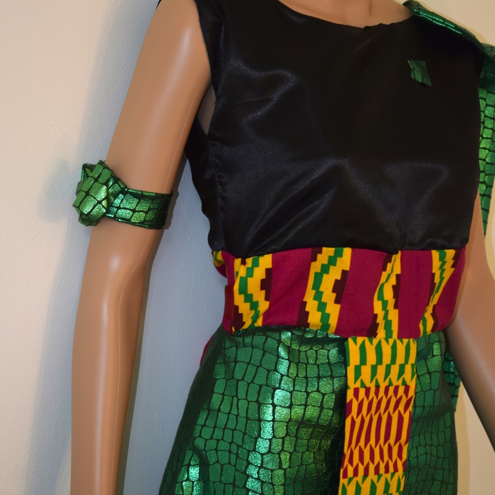 African and Avant-Garde turtle dress 01 with Kente Fabric, quality Satin